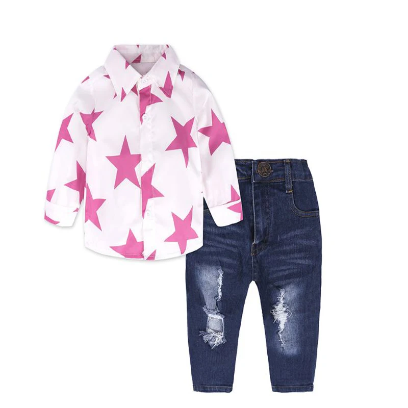 2019 spring children kid girls clothing set Long sleeve star print shirt+Ripped Jeans 2 pcs toddler girls summer clothing