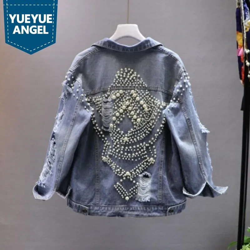 

New Korean Fashion Beading Frayed Hole Denim Jacket Women Long Sleeve Jeans Coat Female Brand High Quality Streetwear Jackets