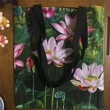 Yile вручную 2-х слойный с черной подкладкой из хлопка и льна эко хозяйственная сумка цветок лотоса 1756