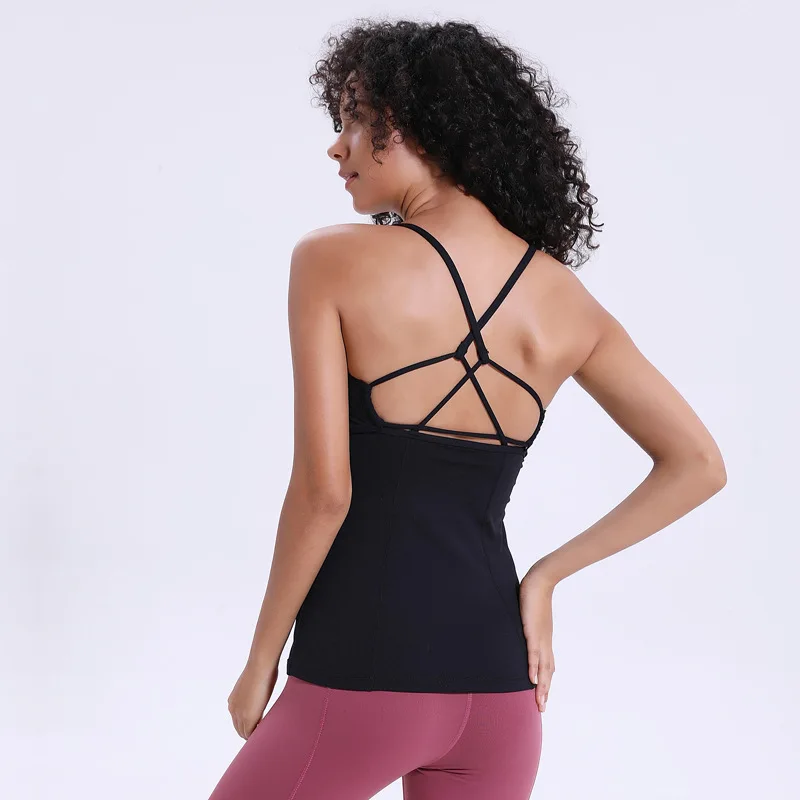 

GOGNGTR Summer Women Summer Top Sexy Backless Yoga Shirts Vest Criss Cross Sleeveless With Chest Pad Running Fitness Quick Dry