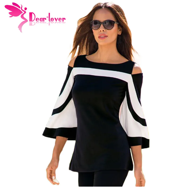 DearLover Women Blouse Black White Colorblock Bell Sleeve Cold Shoulder Top Mujer Camisa Feminina Office Ladies