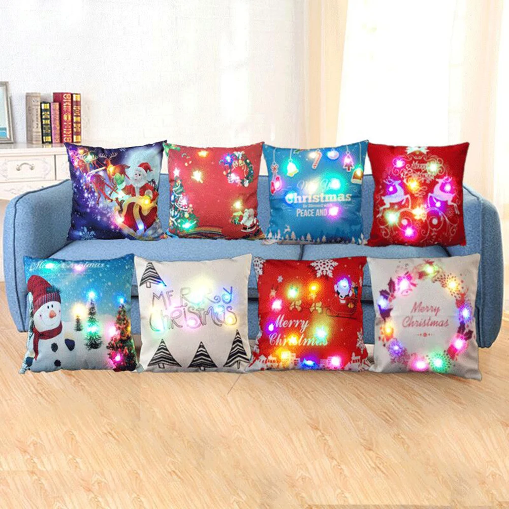 

Christmas Throw Pillow Covers with LED Lights Soft Linen Picturesque Light Up Christmas Series Cushion Cover Cases