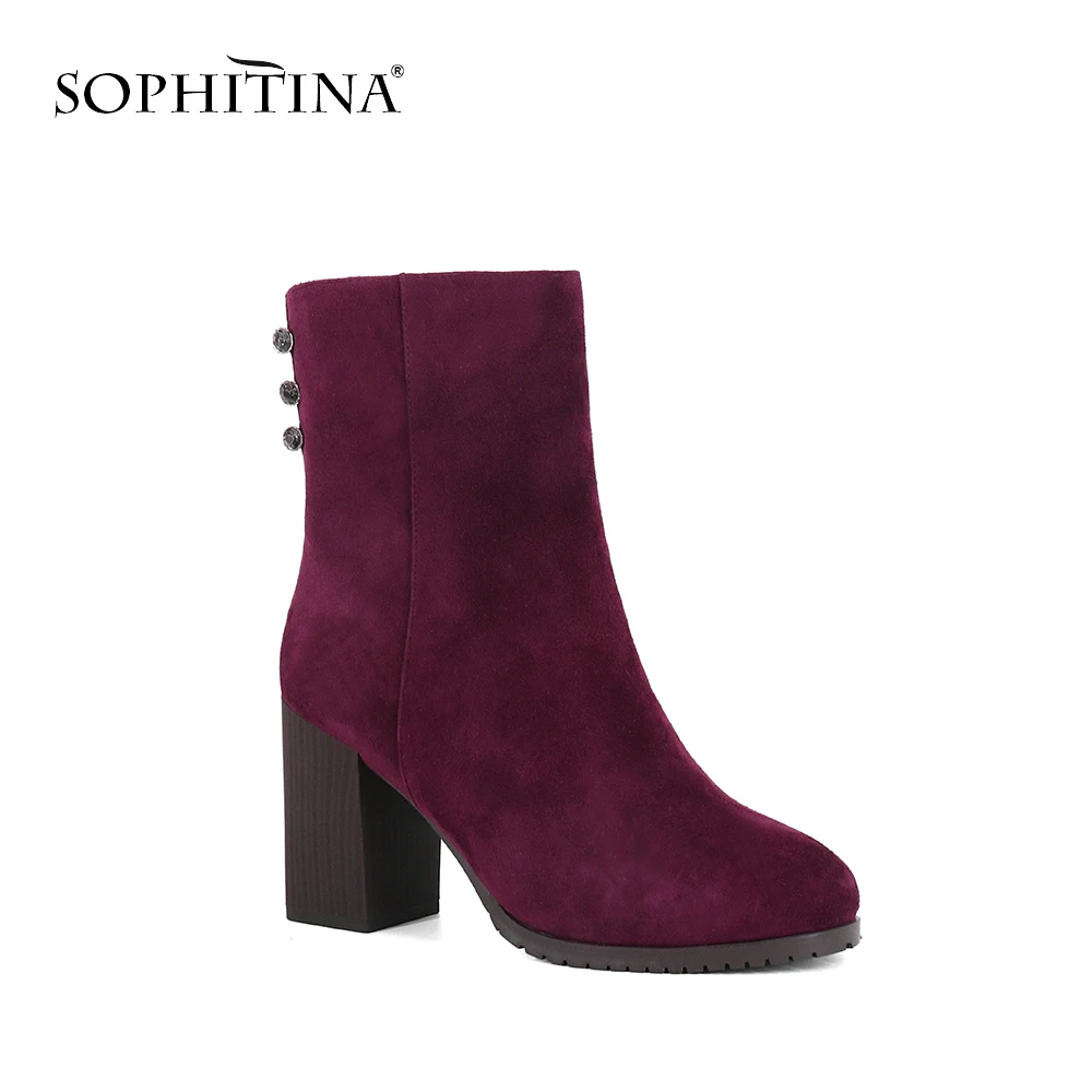 

SOPHITINA 2018 Elegant Ankle Boots Wine Red Retro Genuine Sheep Suede Winter Boots Quality Warm Wool Fur Wedding Lady Shoes BA11