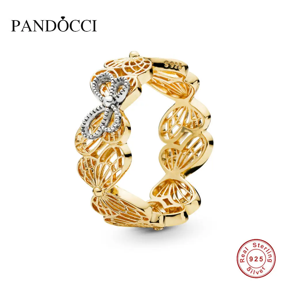 

2019 Spring 925 Sterling Silver Original Shine Openwork Butterflies Ring For Women Bead Charm Birthday Gift DIY Jewelry PANDOCCI
