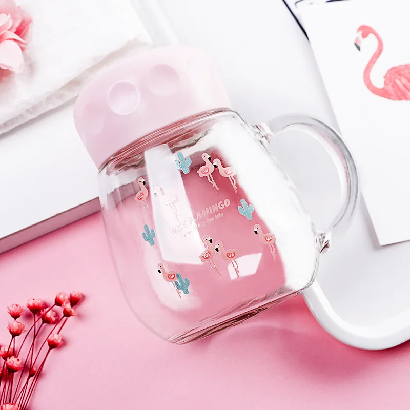Творческий бытовой мультфильм розовый Стекло чашка с крышкой чашки бутылка орнамент рукоятки Кухня дома Кубок украшения для девочек подарок на день рождения - Цвет: A flock of flamingos