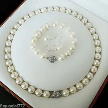 

natural pearl jewelry RARE 10MM SOUTH WHITE SEA SHELL PEARL NECKLACE BRACELET EARRINGS Bridal silver hook