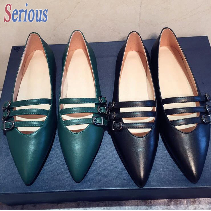

Mary Jane Shoes Buckle Pointy Toe Shallow Mouth Flat Shoes For Woman Solid Color Leather Feminino Sapatos Casual Shoes