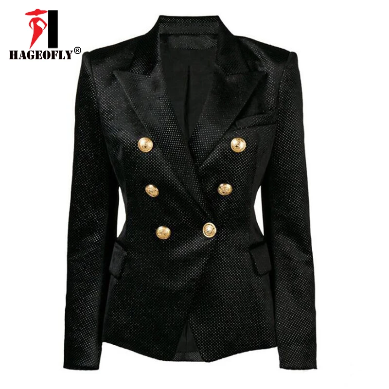 

High Quality Winter New Black Blazer Women Double Silver Button Shiny Starry Sequins Velvet Coat Jacket Office Blazers Feminino