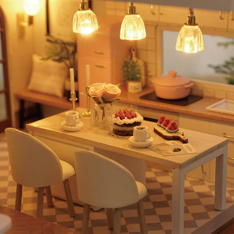 Furniture Doll House Wooden Miniature DIY DollHouse Furniture Kit Assemble with Dust Cover Doll Home Toys For Christmas Gift