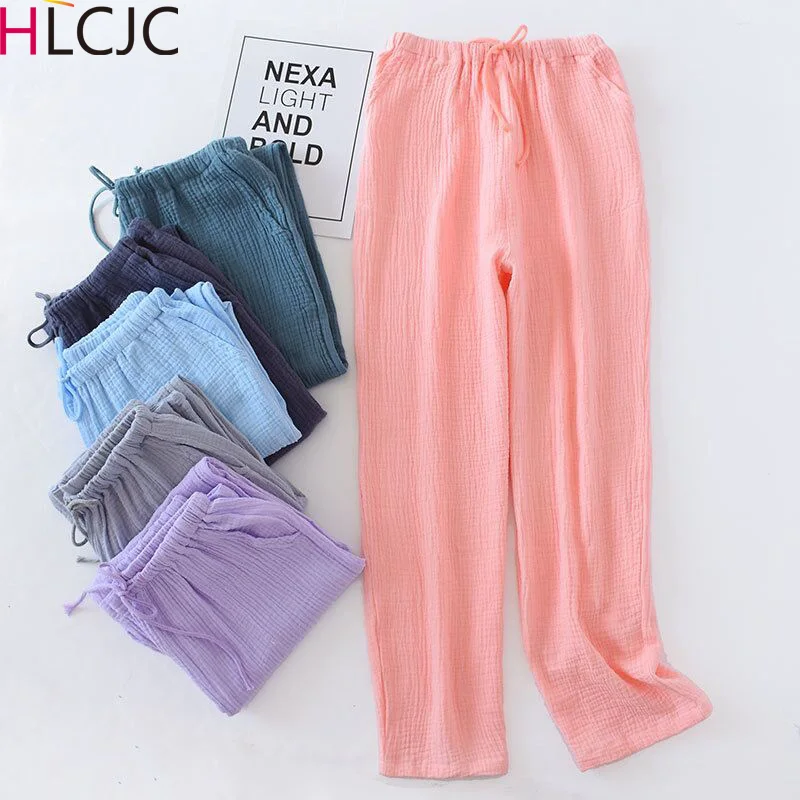 

Spring New Couple 100% Cotton Gauze Crepe Sleep Pants New Lovers Home Pants Thin Soft Pants Solid Simple Sleepwear For Women Men
