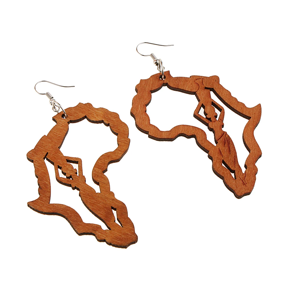 Retro Ethnic Natural Women Girl Wooden African Map Tribal Drop Hoop Earring 