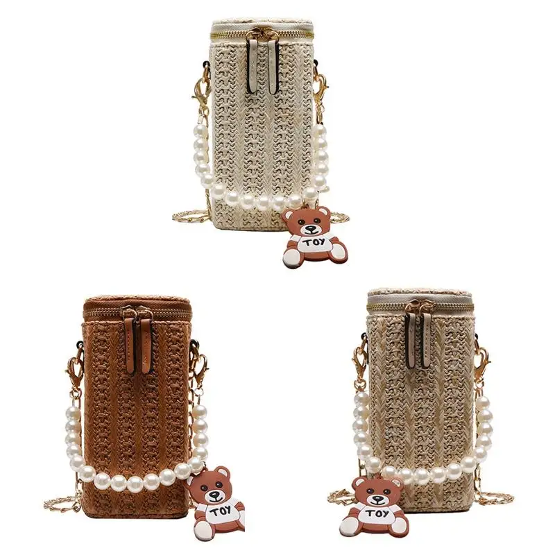 

Women'S Straw Bag One-Shoulder Chain Bag Beach Slung Bucket Bag Pearl Handbag