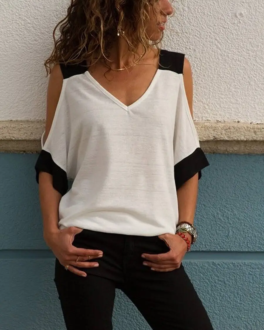 Сексуальная с плеча V шеи Лоскутная Блузка Топы летние женские короткий рукав Свободная Повседневная блузка Blusas плюс размер 5XL - Цвет: White