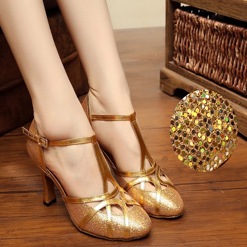 Zapatos de baile latino para mujer, calzado de baile moderno de Jazz con  lentejuelas de colores, tacón de 8cm, PU, Rosa - AliExpress