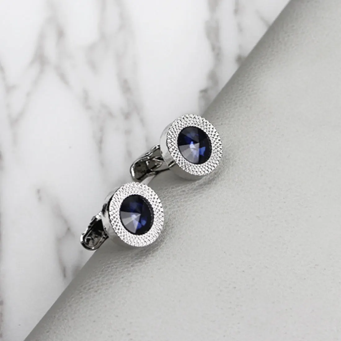 NEW high end fashion men's shirts Cufflinks Luxury Design Silver Round Blue Crystal Cufflinks