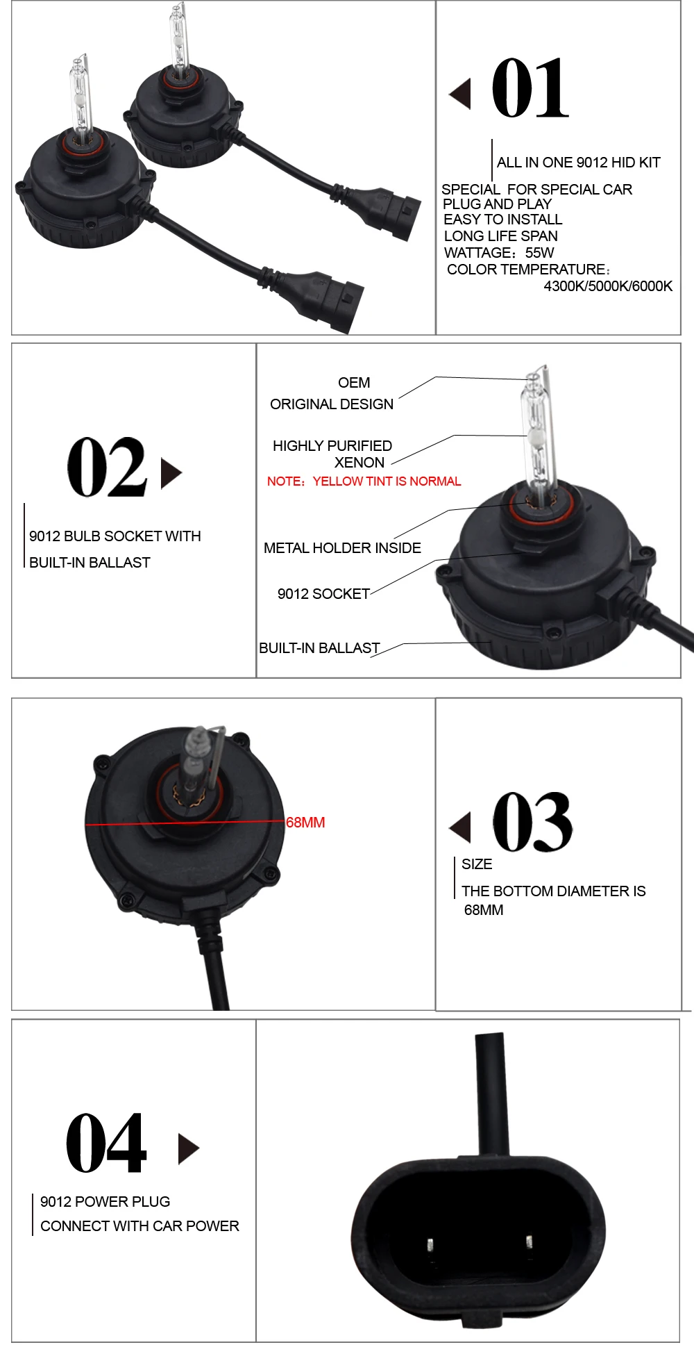 SKYJOYCE Car Light  All in One HID kit 9012 HID Ballast projector Lens hir2 xenon bulb 4300K 6000K 5000K 9012 levin headlight