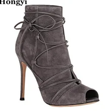 Hongyi/женские шпильки из замши; кожаные полусапожки на шнуровке; изящное платье с перекрестными ремешками и открытым носком; ботильоны