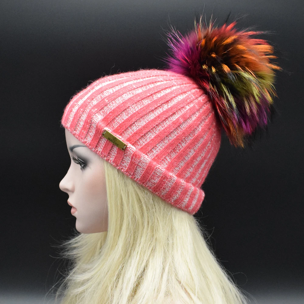 2017 MIGEDE Brand fashion color mixture knitted cap women s hat With Big Real Raccoon fur
