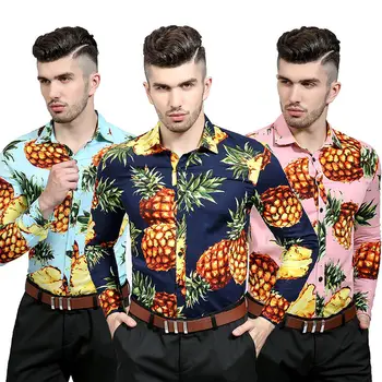 

New Hot Men Casual Shirt Long Sleeve Hawaii Summer Beach Pineapple Shirt Floral Tops