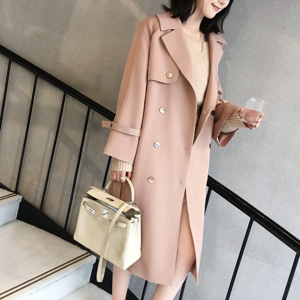 Coat Outwear Longues Poche Suede Pardessus En D'hiver Automne Bas Casual Femelle Le pink Cuir Femmes Manteau Vers Beige Sash Tournent Chaud Trench PwWqnTYpU8