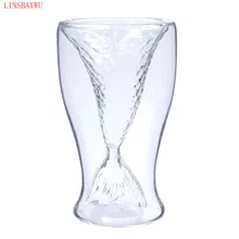 LINSBAYWU Новинка, со стразом прозрачная двойная стенка с русалочкой, стеклянная термостойкая чашка русалки, коктейльный винный стеклянный барный стакан