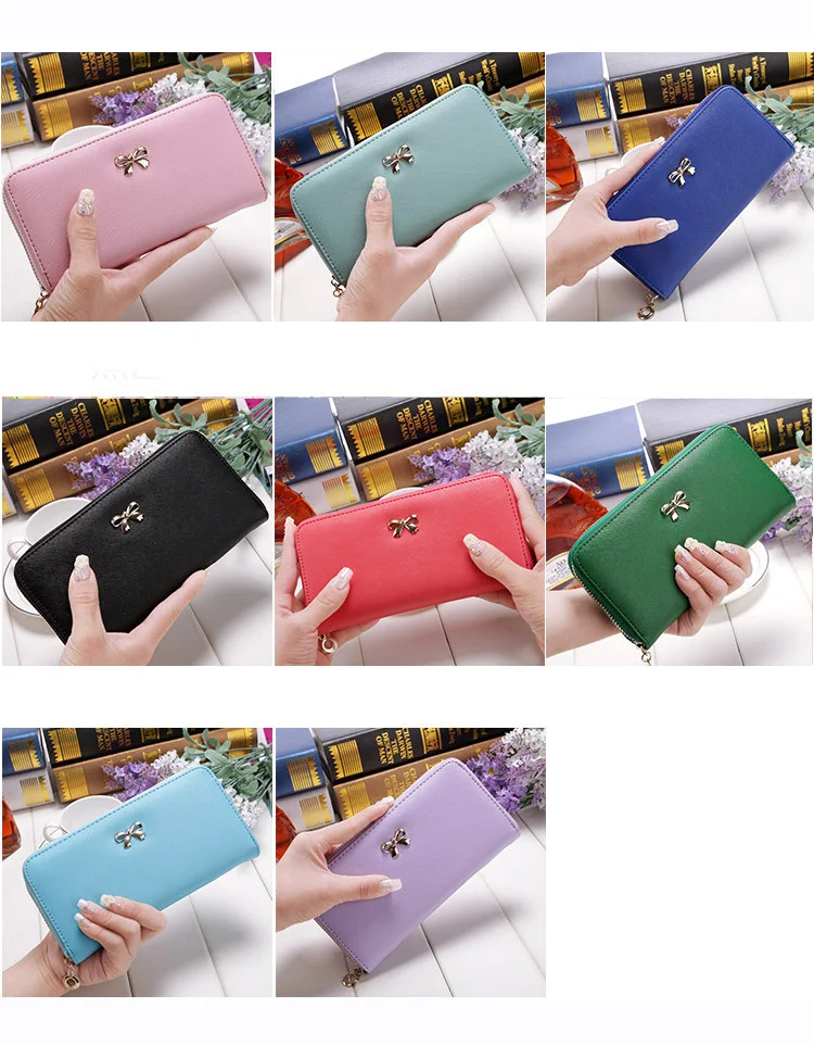 Women Bow Long Wallet for Credit Cards Coin Purse Coins Change Cell Phone Card Holder Zipper PU Leather Clutch Lady Long Wallets (9)