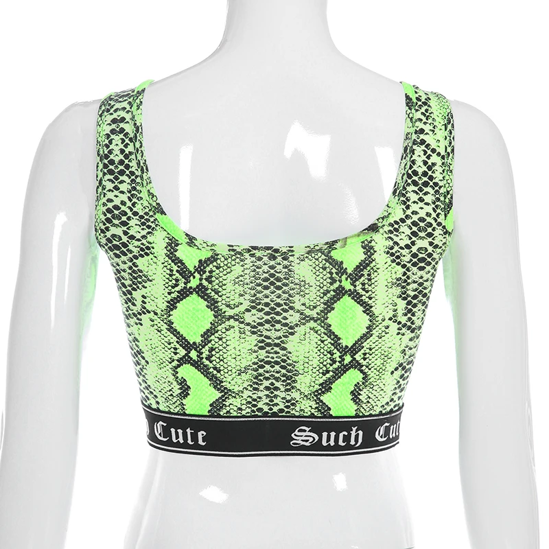 HEYounGIRL Snake Print Sleeveless Tank Top Women Fitness Workout Neon Green Crop Top Casual Vest Summer Tops Tees Streetwear