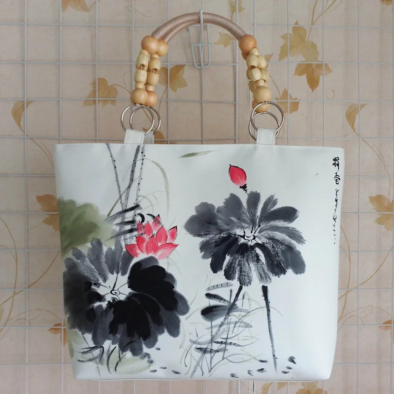 

Hot sale Chinese wind hand-painted bag national style manual cloth art Ink painting water lily pattern Shoulder Bags,SKU A0S3A2J