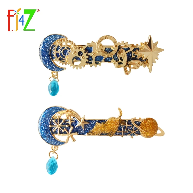 F J4Z nueva moda joyería esmalte azul Luna planeta gato Punk de vapor de Clips de pelo accesorios para el pelo pinza de pelo