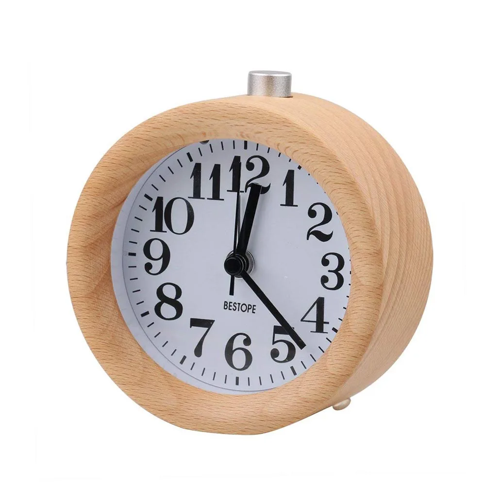 Lovely Hot Small Alarm Clock with Night Light Wood Classic Round Silence Table Clocks Snooze Function LXY9 AU07