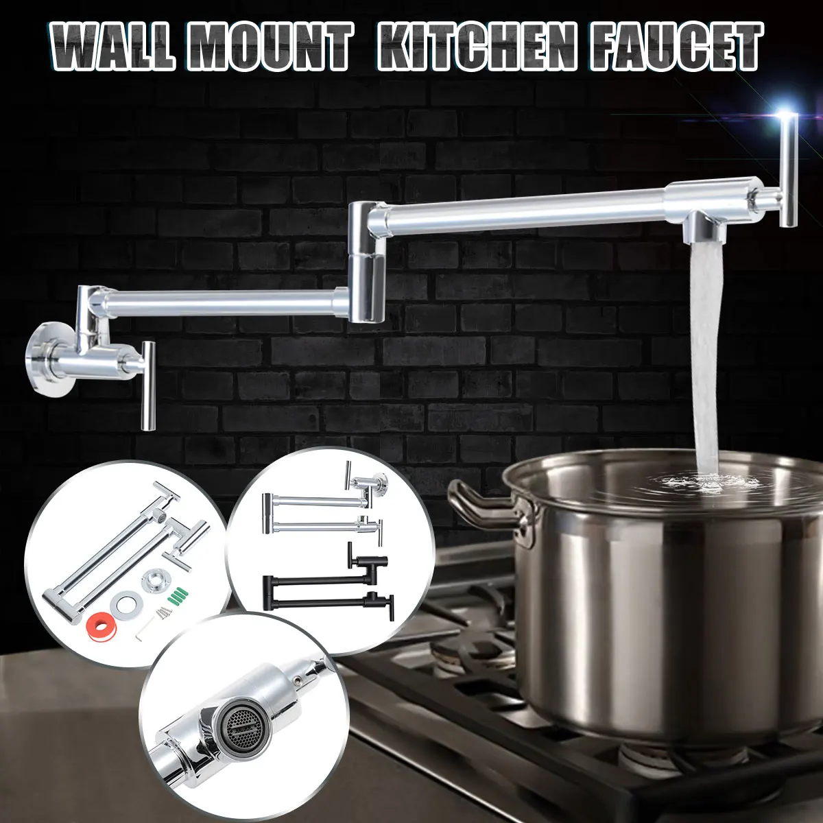 

Solid Chrome Black Pot Filler Kitchen Faucet Wall Mounted Single Hole Tap Swing Spout Matte Black Double Rotate Folding Spout