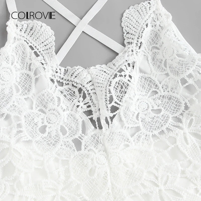 COLROVIE Lace Crochet Contrast Tie Back White Bodysuit 2018 Summer Spaghetti Strap Sexy Bodysuit Embroidery Women Bodysuit COLROVIE Lace Crochet Contrast Tie Back White Bodysuit 2018 Summer Spaghetti Strap Sexy Bodysuit Embroidery Women Bodysuit