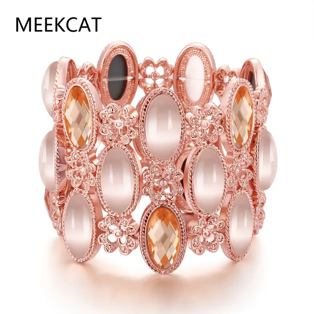 

Rose gold Color Opal Bracelet And Bangle Elastic Big Bracelet Jewelry Big Rhinestone For Women Acrylic Wide Bracelet