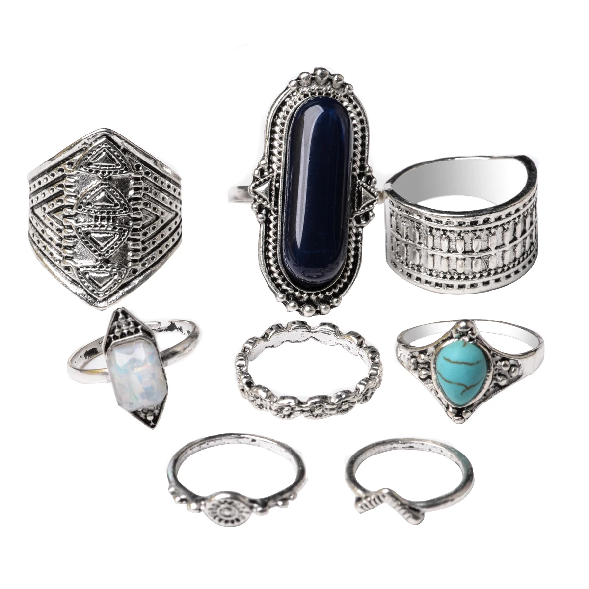 Bohemian Style 8pcs/Set Vintage Anti Silver Rings Retro Punk Midi Rings Set for Women Above Knuckle Finger Rings Fashion Jewelry