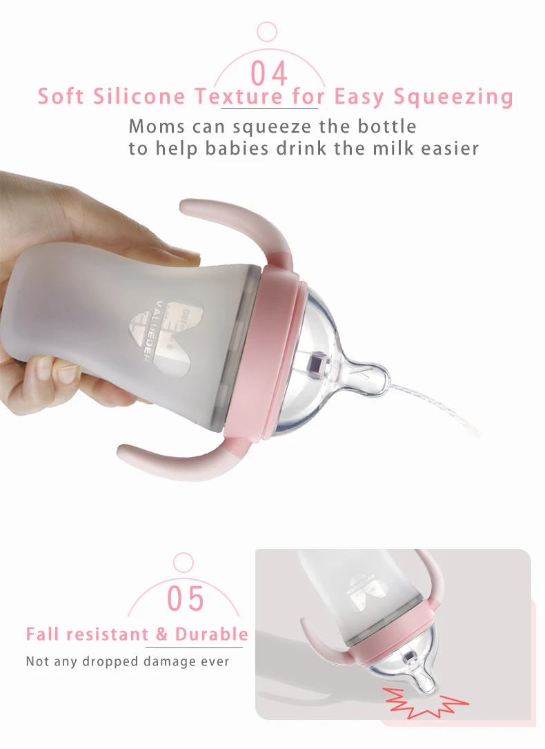 150 мл VALUEDER с широким горлышком детский розовый и синий BPA бесплатно отлучение натуральный безопасный патентованный силиконовый флакон с крышкой