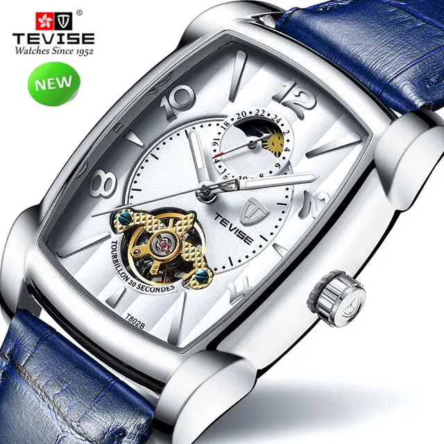 

Men Automatic Business Square Design Unique Mechanical Watch TEVISE Tourbillon Sport Military Relogio Masculino