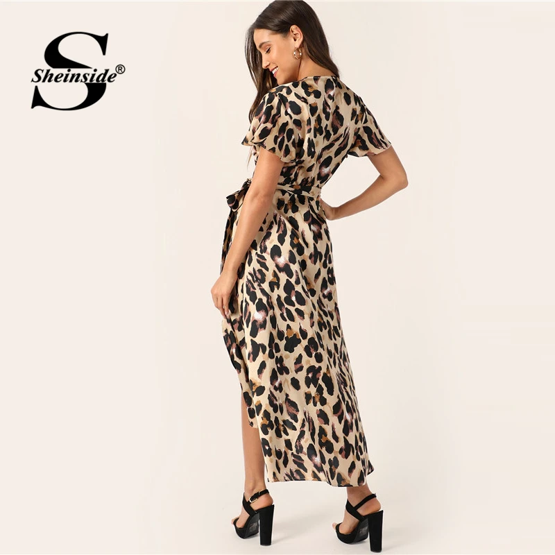 Sheinside, атласное леопардовое платье с разрезом и поясом, облегающее и расклешенное, Boho, платья с высокой талией, глубокий v-образный вырез, женское летнее платье