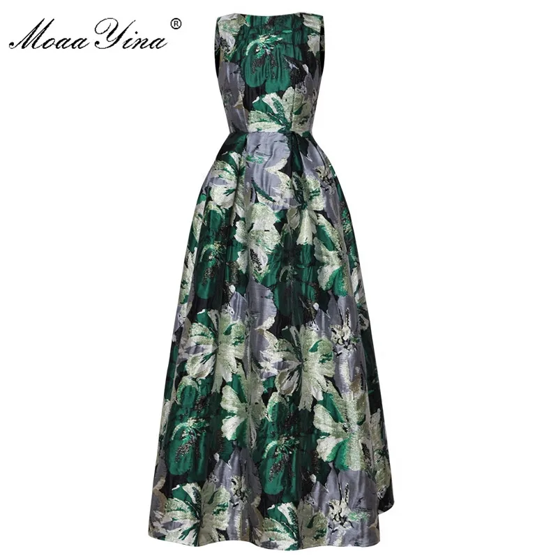 

MoaaYina High Quality Fashion Designer Ball Gown Dress Spring Women Sleeveless Print Jacquard Party Banquet Noble Elegant Dress