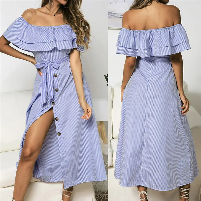 Plus Size New Fashion Women Summer Casual Daily Sexy Off Shoulder Button Dress Short Sleeve Slash Neck Striped Dress #4A18 (4)