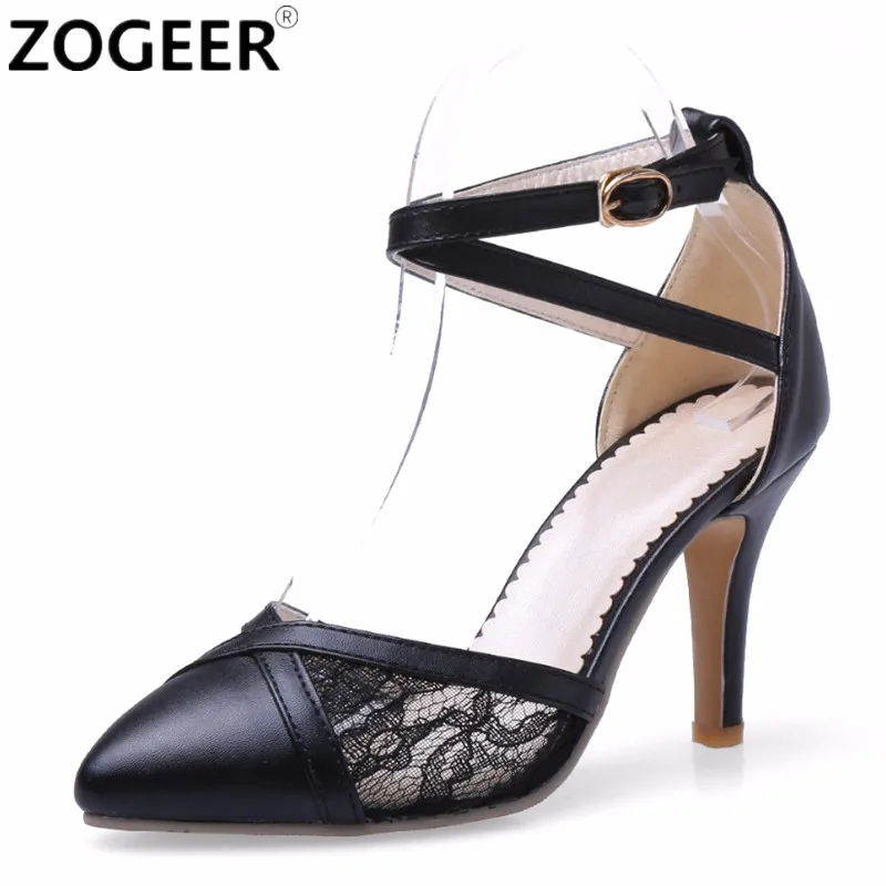

New Spring Summer Women Pumps Pointed Toe Sexy Lace High Heels Ankle Strap Sandals Ladies Party Wedding Shoes Gold Black
