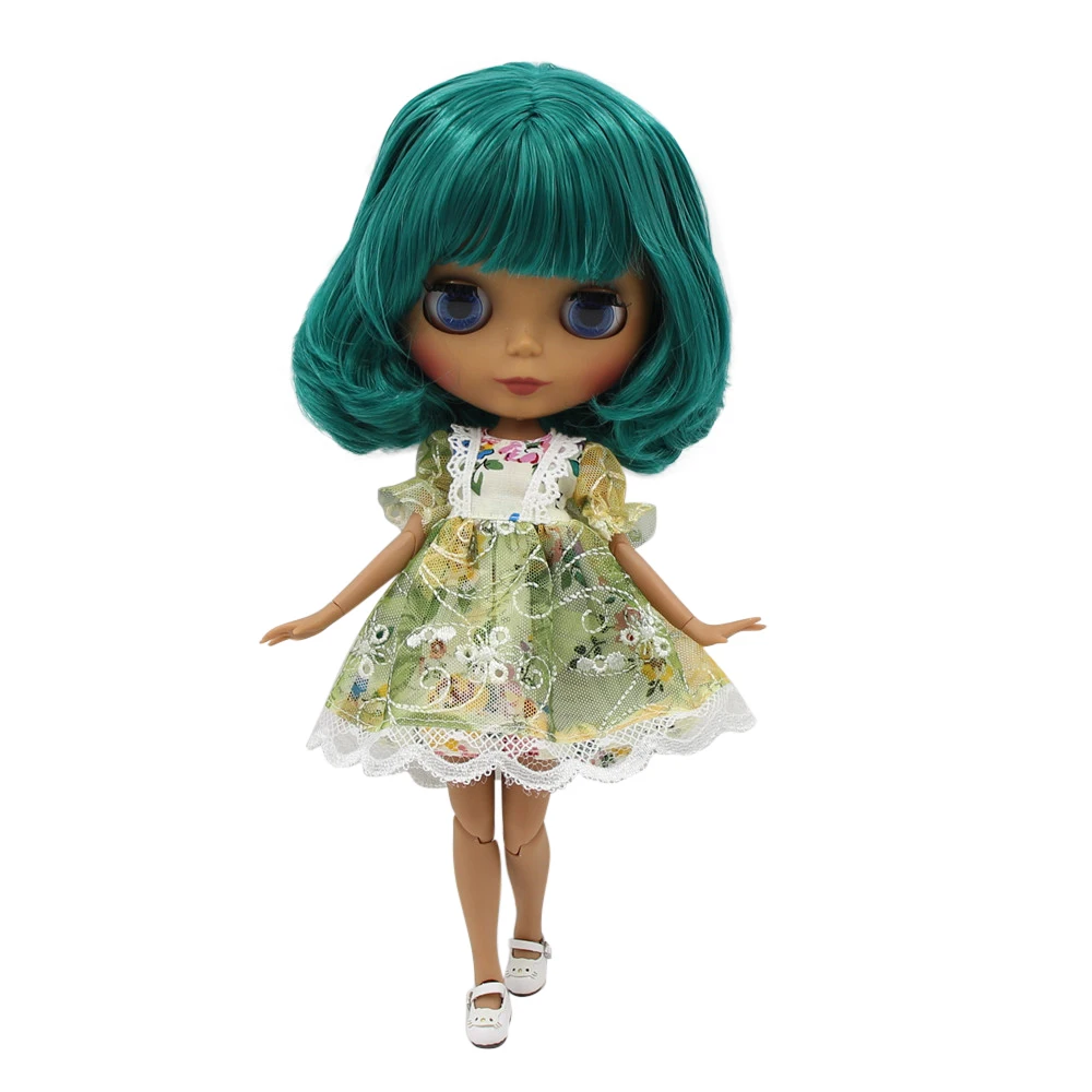 ICY DBS Blyth doll 1/6 bjd with black skin nude joint body and matte face green curly hair BL1206