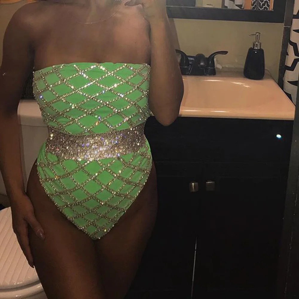 

SKMY neon sleeveless strapless sequin bodysuit women rompers and jumpsuites 2019 sexy neon green pink Tube top bodycon jumpsuit