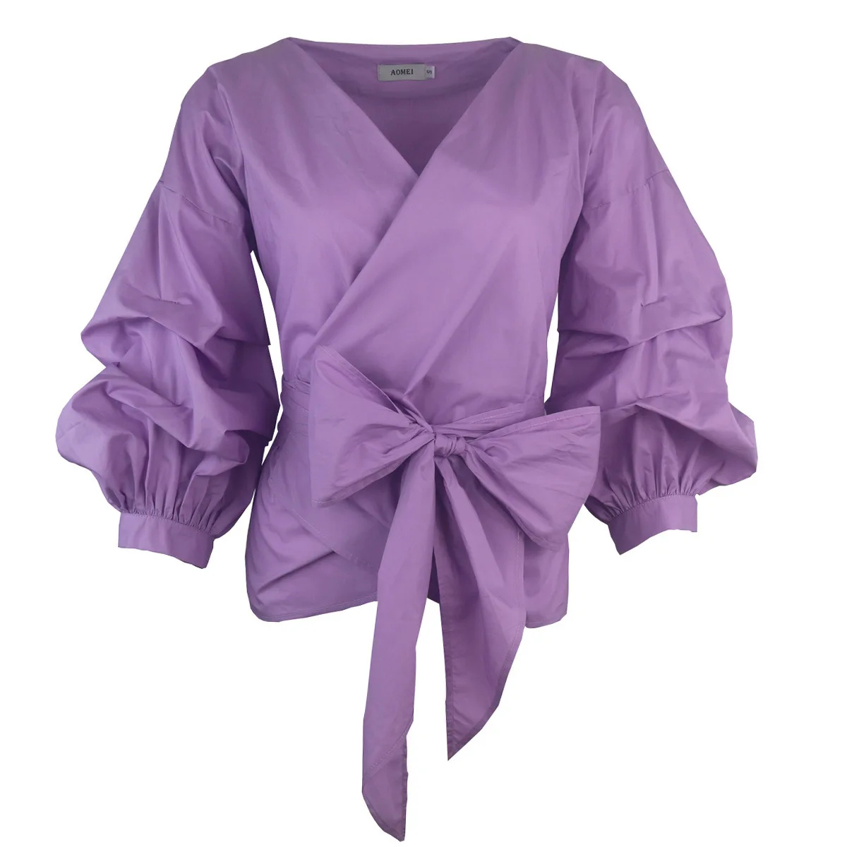 

Elegant Women V-neck Shirts Long Lantern Sleeved Cross Lacing Up Belt Bow OL Pleated Blouse Plus Size Splice Tops Blusas Mujer
