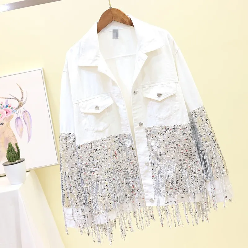 Women Autumn Sequin Tassel Denim Jacket Fashion Lapel Loose Oversized Coat Black White Jeans Jacket Basic Outerwear