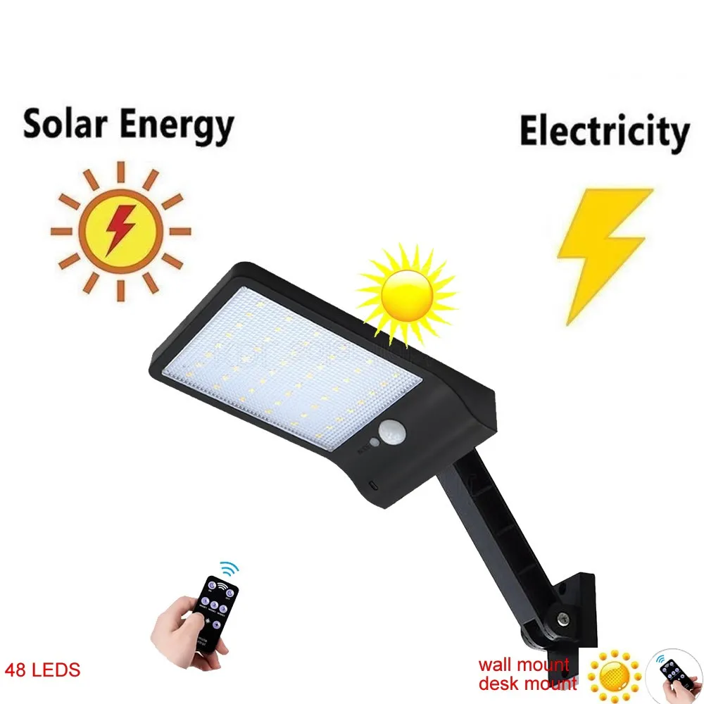 

desk wall mount remote control rotate bracket solar street light 48 LED Solar Light Three Modes Black White Waterproof Outdoor G