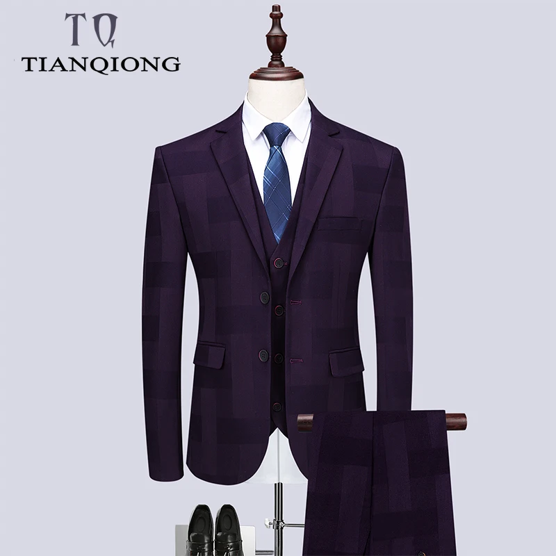 

TIAN QIONG 2019 New Luxury Suit 3 Piece Mens Blue Plaid Suit Suits with Pants Classic Wedding Business Slim Fit Party Suit Men