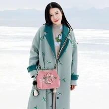 Дизайн осень и зима новое поступление птица вышитые пальто свободные длинные Винтаж шерстяное для женщин