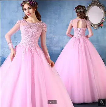 

2016 fashion ball gown lace appliques pink prom dresses gorgeous long sleeve sheer back sexy prom gowns best selling