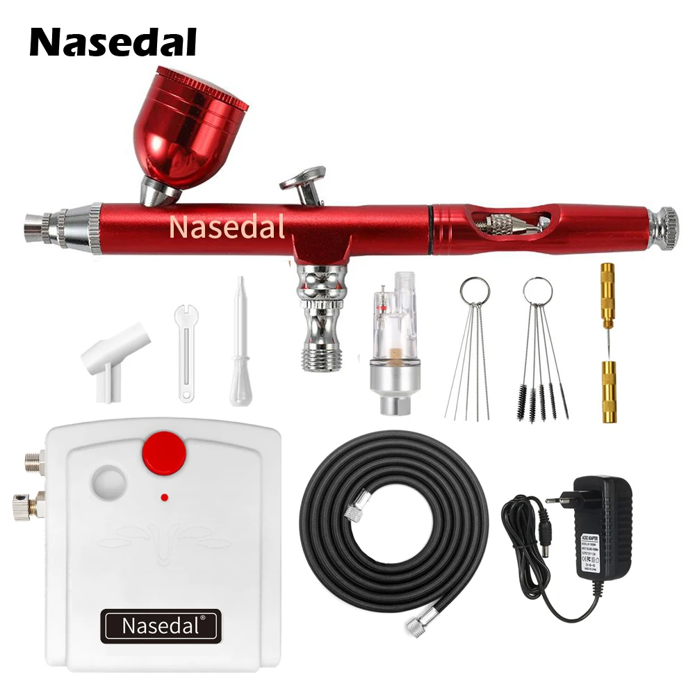

Nasedal Airbrush Compressor Kit Red/Gold Dual-Action Air Brush Paint Gun Makeup Nail Paint Spray Gun Tattoo Body Car Paint