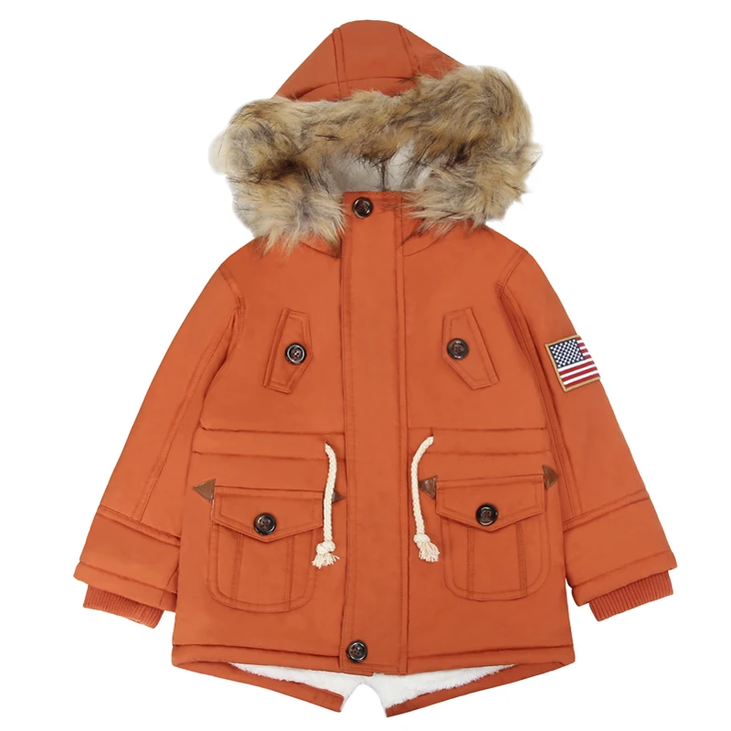 Thick Winter children jackets USA Flag Warmer Coats Hooded Faux Fur Collar Kids Outerwear Cotton Padded Baby Girls Boys Snowsuit